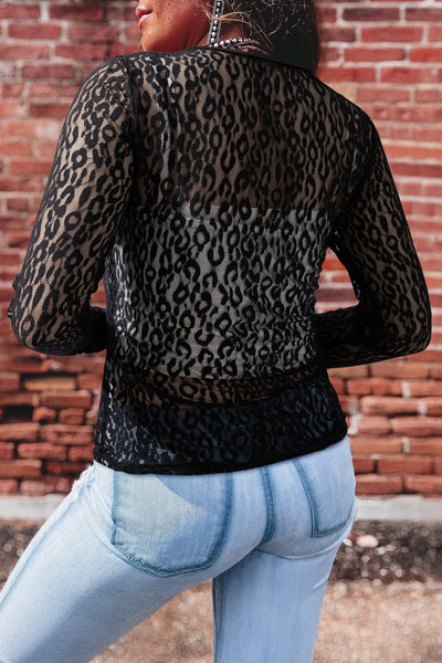 Women's Black Leopard Print Sheer Mesh Long Sleeve Blouse - Trendy, Lightweight, Perfect for Layering and Styling