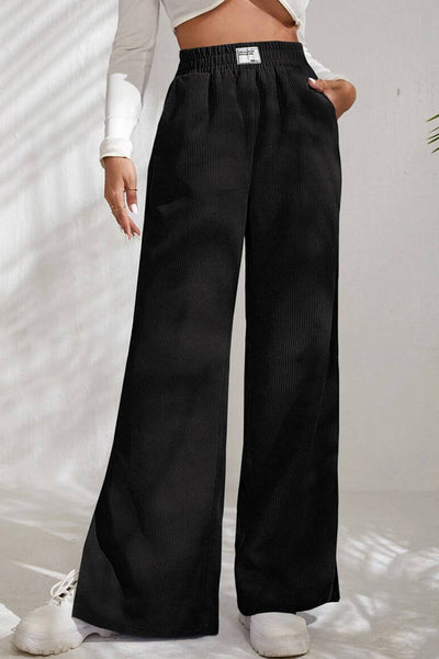 Trendy Women's Black Wide Leg Corduroy Pants with Split Hem - Comfortable Fit for Casual and Chic Style