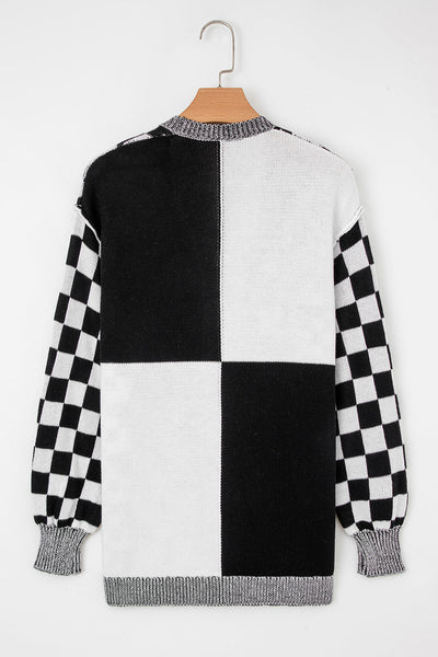 Stylish Women's Oversized Black Checkered Cardigan - Cozy Knit Sweater for Fall Fashion and Casual Everyday Wear
