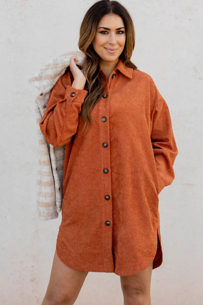Chic Women's Oversized Gold Flame Corduroy Shacket with Side Slits - Trendy Layering Essential for Stylish Fall Outfits
