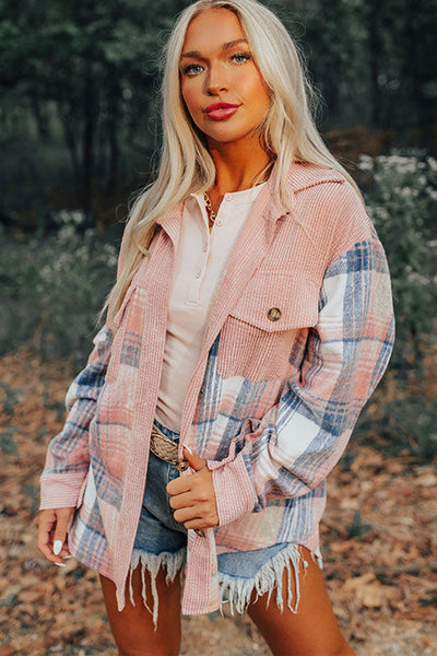 Stylish Women's Light Pink Plaid Corduroy Shacket with Patchwork Design and Chest Pocket for Trendy Layering