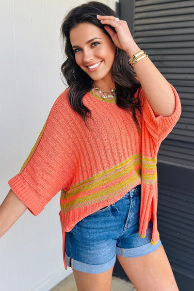 Cozy Women's Oversized Salmon Striped V-Neck Dolman Sleeve Sweater with Side Slits for Casual Chic Style