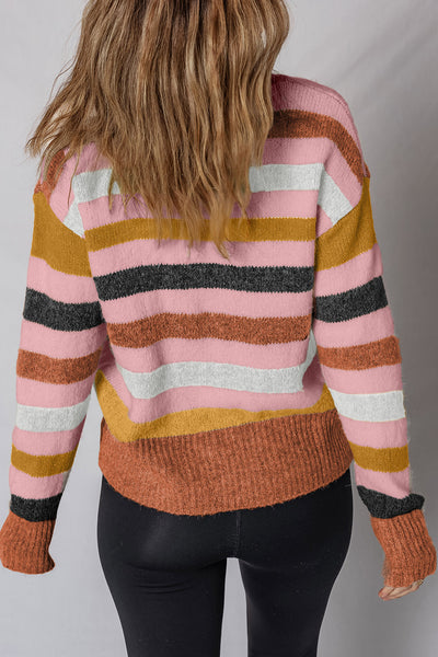 Cozy Women's Pink Stripe Drop Shoulder Sweater - Casual Crew Neck for Effortless Chic Style and Comfort