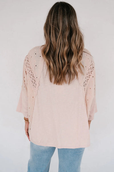 Apricot Pink Floral Lace T-Shirt for Women with Eyelet Patchwork and Bracelet Sleeves Stylish and Comfortable Top