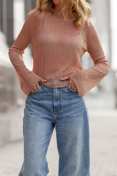 Women's Lightweight Clay Semi-Sheer Long Sleeve Mock Neck Top - Trendy Fall Essential for Effortless Style