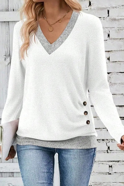 Women's White V-Neck Colorblock Top with Ruched Button Detail