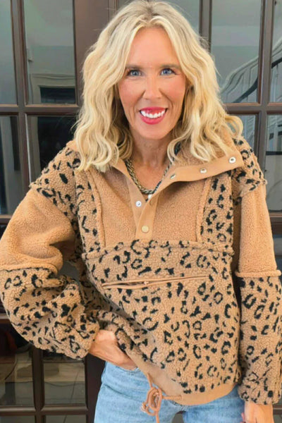 Cozy Women's Khaki Sherpa Leopard Color Block Pullover Sweatshirt - Stylish Casual Wear for Everyday Comfort