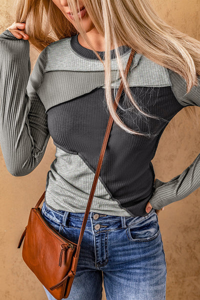 Trendy Women's Gray Color Block Ribbed Knit Top with Exposed Seams for a Comfortable and Chic Everyday Look