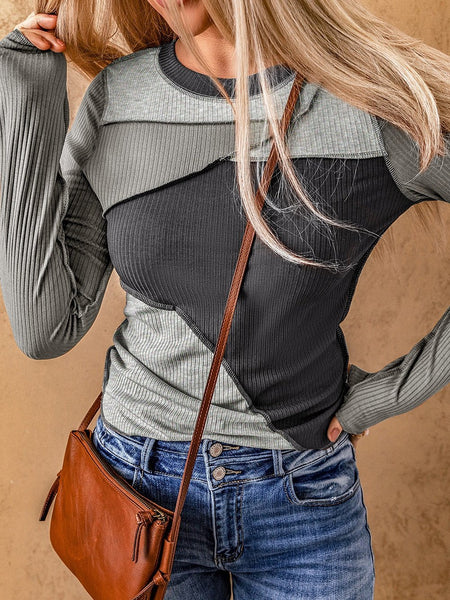 Charcoal Contrast Stitch Detail Ribbed Knit Sweater