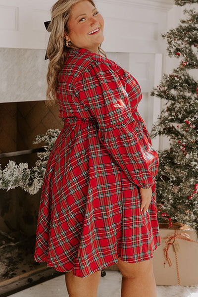 Plus Size Women's Elegant Red Plaid Long Sleeve Holiday Dress with Half Button Detail for Festive Seasonal Style
