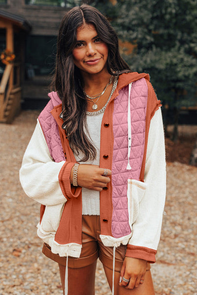women's coral quilted hooded jacket - textured patchwork design, loose fit, easy and wearable outerwear made for easy styling and wardrobe with