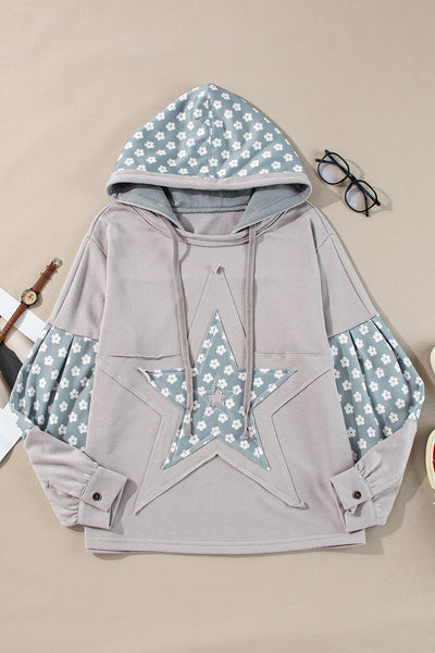 Women's Beau Blue Floral Patchwork Star Hoodie with Adjustable Drawstring - Stylish & Comfortable Casual Wear