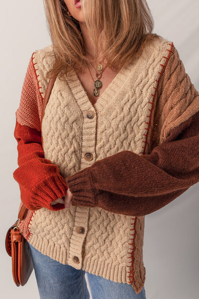 Cozy Women's Light Beige Color Block V-Neck Cardigan Sweater with Textured Fabric and Button Accents for Chic Comfort