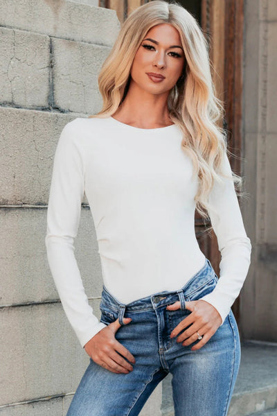 Chic White Ribbed Long Sleeve Bodysuit for Women - Fitted Crew Neck Style, Perfect for Layering or Standalone Wear