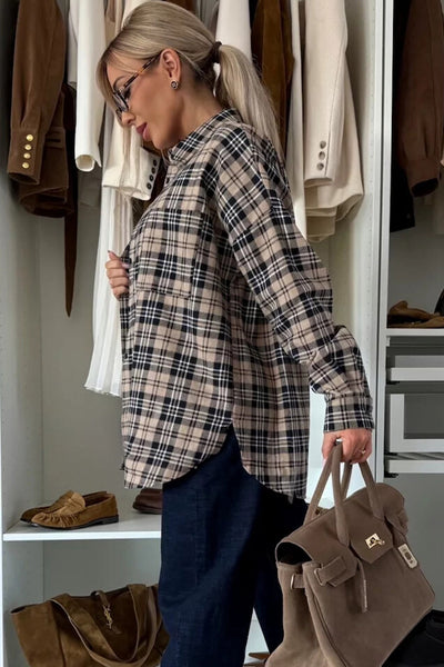 Women's Plaid Tunic Shacket in Parchment - Trendy Layering Top for Fall with Comfortable Fit and Versatile Style