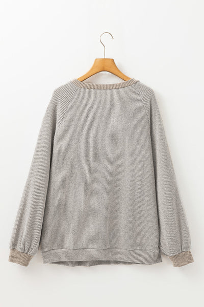 Women's Relaxed Fit Color Block Ribbed Long Sleeve Top in Jet Stream - Trendy Contrast Design for Effortless Style