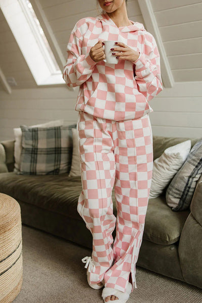 Stylish Women's Pink Checkered Hoodie and Side Stripe Pants Set with Bow Knot - Trendy 2-Piece Loungewear for Comfort