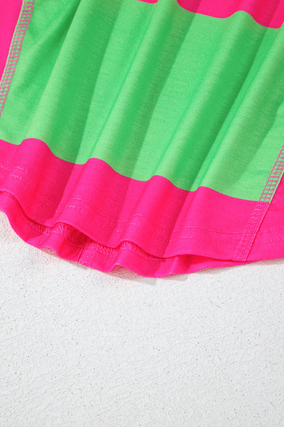 Women's Casual Chic Light Green Colorblock Striped Loose Fit Drop Shoulder Top - Effortless Style for Everyday Wear