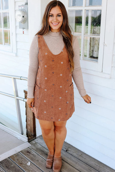 Women's Gold Flame Flower Embroidered Mini Dress - Stylish Corduroy Overall with Adjustable Straps and Trendy Fit