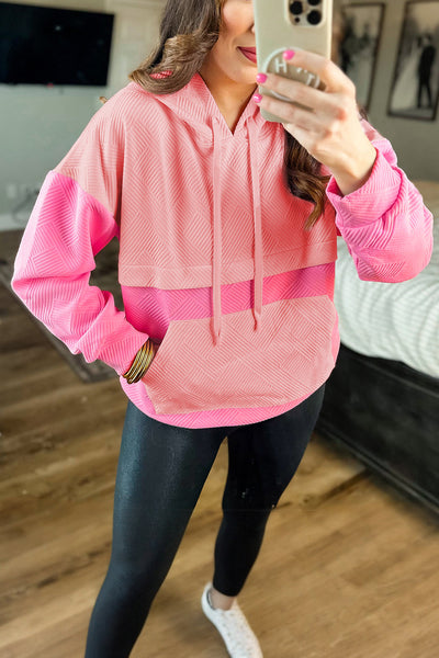 Trendy Women's Pink Color Block Drop Shoulder Hoodie with Kangaroo Pocket - Stylish, Comfortable Everyday Wear