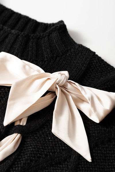 Chic Women's Black Cable Knit Colorblock Sweater with Satin Bow - Short Sleeve Casual Top for Stylish Everyday Looks