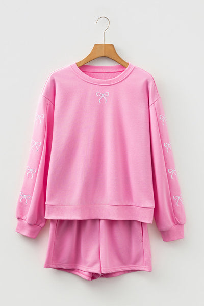 Women's Sachet Pink Bow Embroidered Sweatshirt and Shorts Set