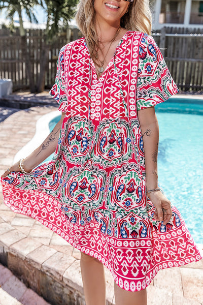 Bohemian V-Neck Short Sleeve Mini Dress