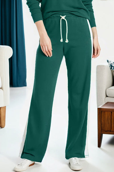 Women's Sea Green Pullover and Varsity Stripe Drawstring Pants Set - Comfy Casual Loungewear for Relaxed Style