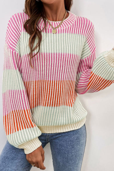 Cozy Women's Pink Colorblock Bubble Sleeve Sweater - Textured Knit for Stylish Fall and Winter Fashion