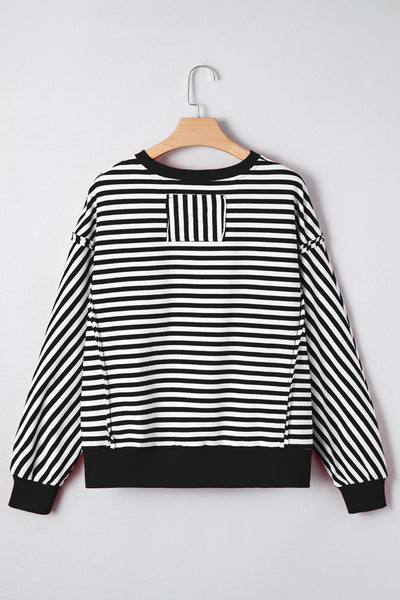 Chic Women's Black Stripe Drop Shoulder Pullover Top with Exposed Seams for Effortless Casual Style