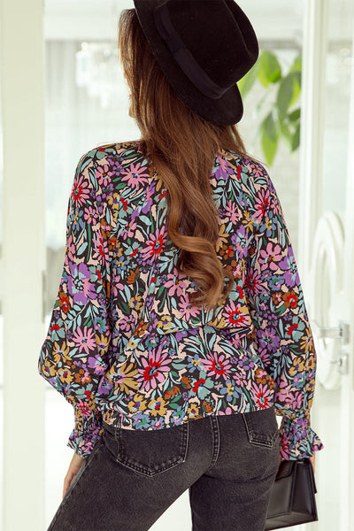 Spring Women's Multicolor Floral Ruffled Long Sleeve V-Neck Blouse - Effortlessly Elegant Top for Stylish Casual Outfits