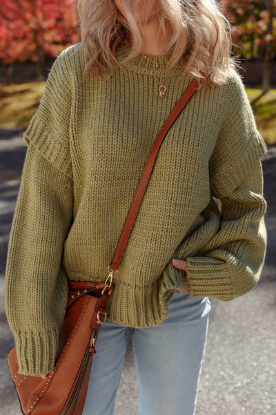 Cozy Guacamole Green Ruffled Sweater for Women - Relaxed Fit Chunky Knit for Effortless Style and Comfort