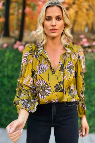 Women's Vintage Floral Blouse in Yellow - Stylish V-Neck Top with Ruffle Trim and Long Sleeves for Any Occasion