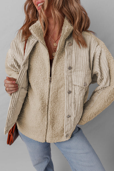 Stylish Women's Parchment Corduroy Sherpa Jacket with Stand Collar and Trendy Patchwork Design for Cozy Comfort