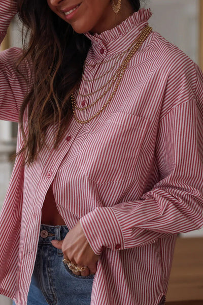 Women's Casual Pink Striped Button-Down Shirt with Frill Collar and Chest Pocket - Relaxed Fit for Effortless Style