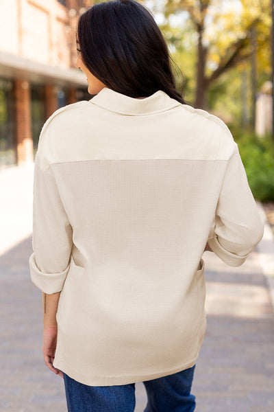 Women's Relaxed Fit Jet Stream Waffle Long Sleeve Collared Top - Versatile Casual Layering Piece for All Seasons