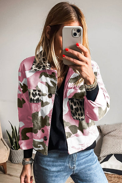 Trendy Women's Pink Camo Leopard Patchwork Crop Jacket with Flap Pockets Casual Stylish Outerwear for Unique Fashion made for easy styling and