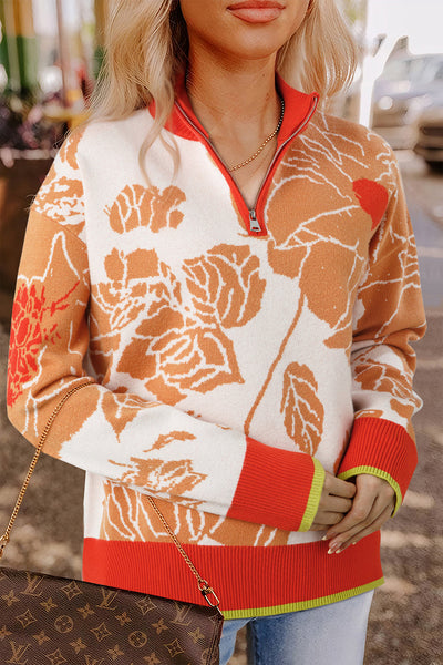 Women's Stylish Khaki Floral Half-Zip Pullover Sweater - Comfortable Fit for Casual Outings and Layering