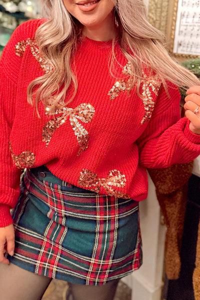 Chic Fiery Red Sequin Sweater for Women with Bow Detail and Drop Shoulder Ideal for Holiday Parties and Celebrations
