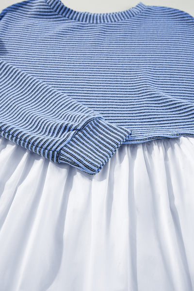 Women's Sky Blue Striped Patchwork Mini Dress with Pockets