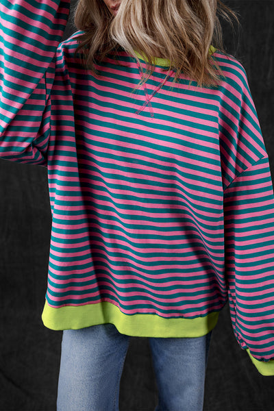 Women's Cozy Green Stripe Oversized Sweatshirt with Contrast Trim - Effortless Casual Pullover for Chic Comfort
