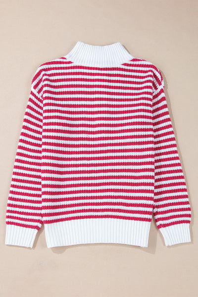 Women's Casual Chic Pink Stripe Zip-Up Sweater with Drop Shoulder Design for Effortless Style and Comfort made for easy styling and wardrobe