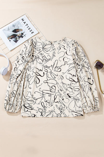 Chic Beige Abstract Print Blouse for Women - Balloon Sleeve Crew Neck Top for Effortless Style and Comfort