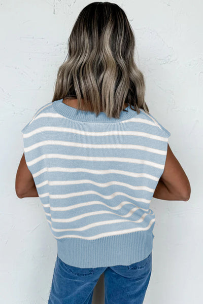 Women's Beau Blue Striped Short Sleeve Knit Sweater Tee