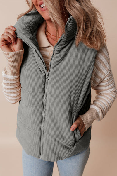 Women's Sage Gray Corduroy Puffer Vest with Stand Collar