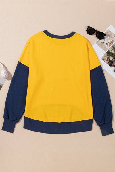 Women's Yellow Color Block Sweatshirt with Thumbhole Sleeves and Drop Shoulder for a Stylish, Comfortable Fit