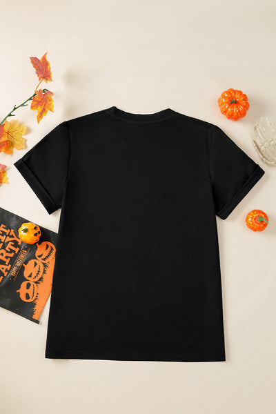 Women's Black Sequin Pumpkin Face Halloween T-Shirt - Fun, Festive, and Comfortable Casual Fit for Spooky Season
