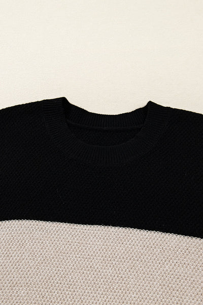 Cozy Parchment Color Block Sweater for Women with Striped Sleeves Effortless Casual Chic Knitwear for Any Occasion