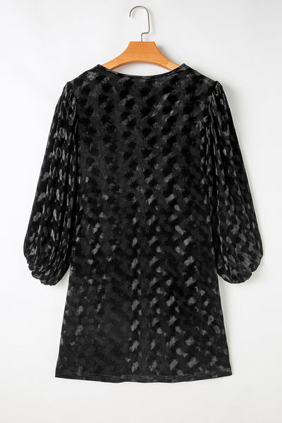 Chic Women's Black Velvet Mini Dress with Textured V-Neck and Fashionable Balloon Sleeves for Effortless Style