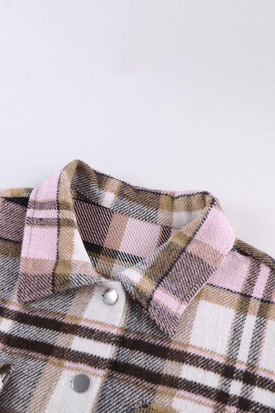 Trendy Women's Oversized Pink Geometric Plaid Shacket with Pockets Perfect for Casual Chic Outfits